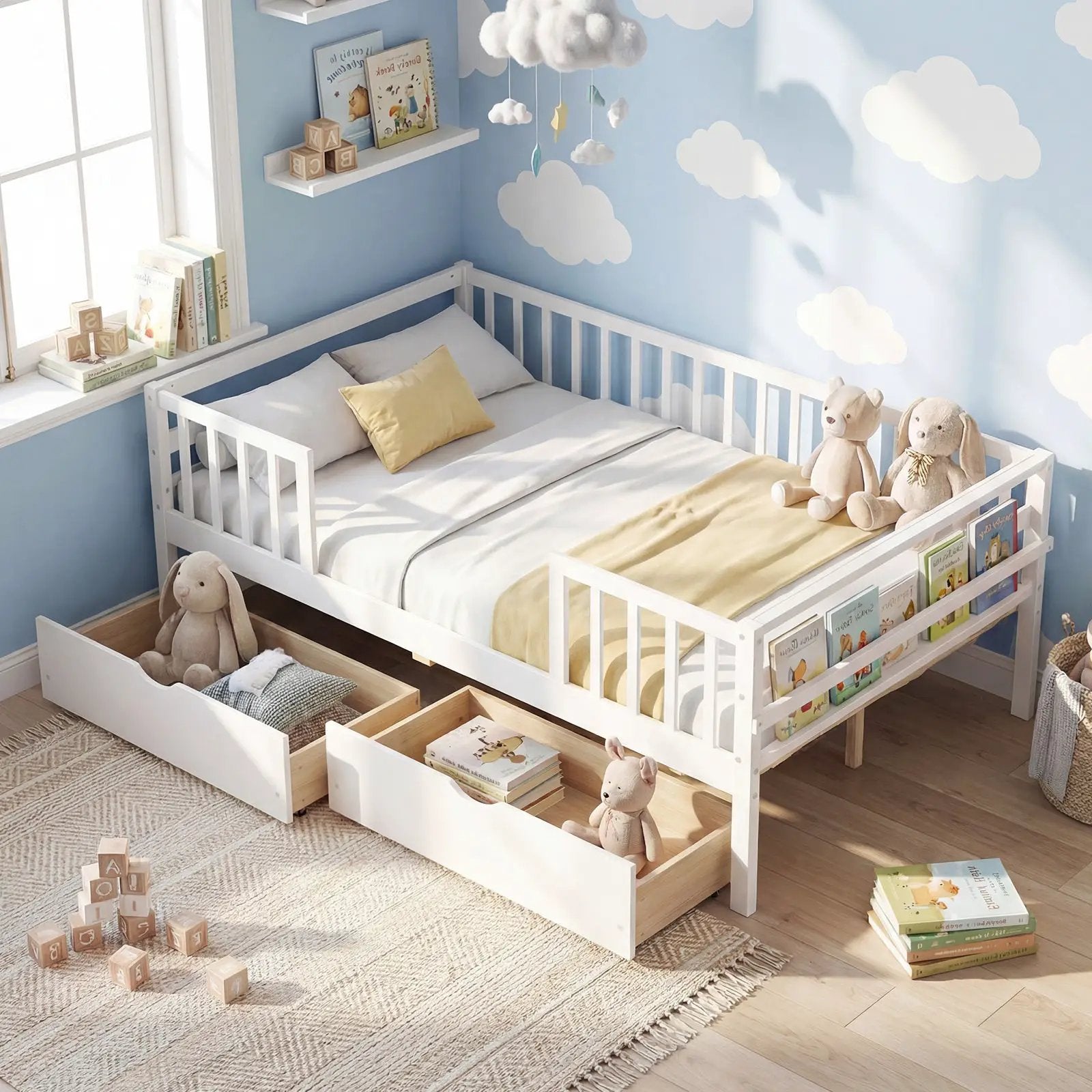 Full Size Daybed with Fence and 2 Drawers for Boys and Girls by DirectDeals