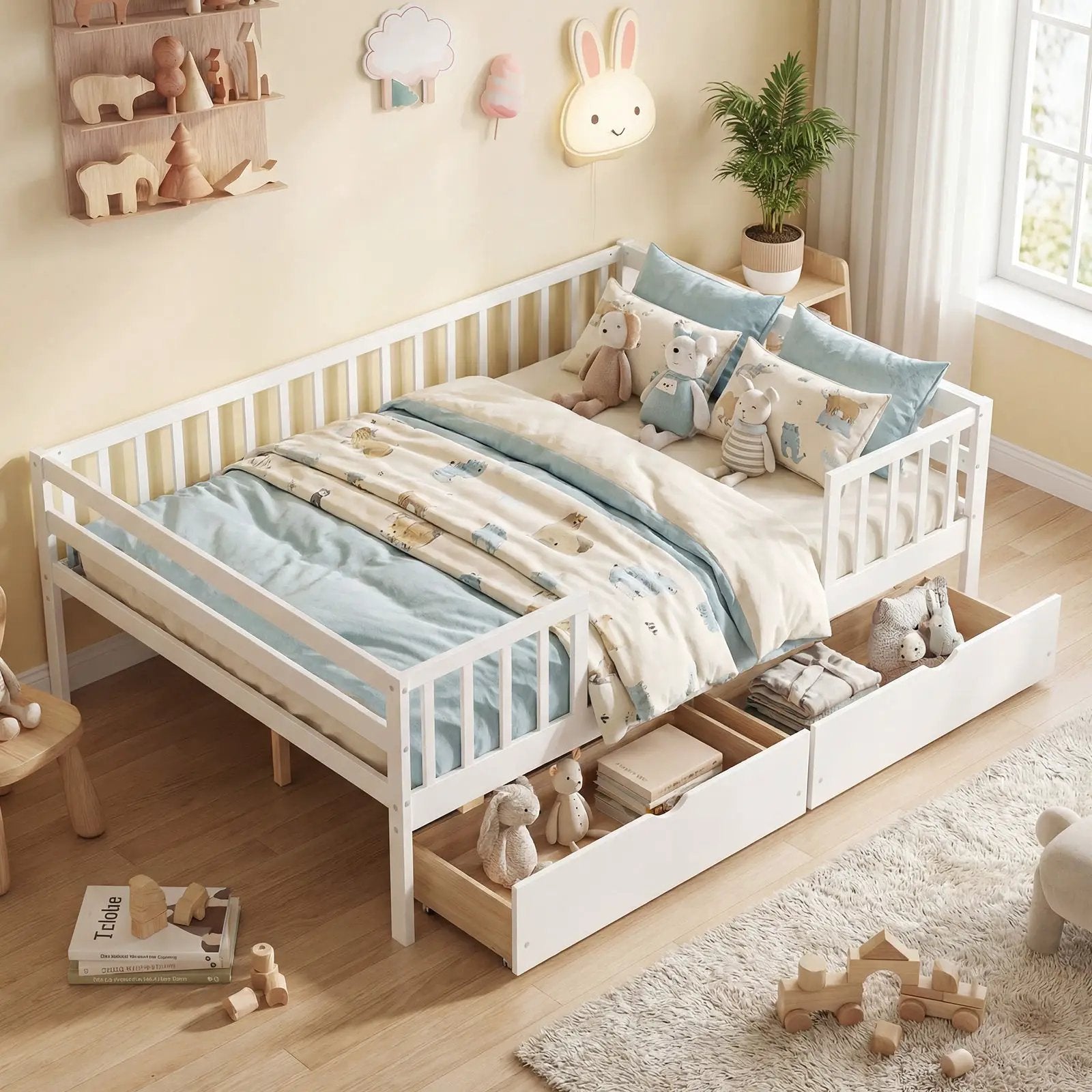 Full Size Daybed with Fence and 2 Drawers for Boys and Girls by DirectDeals