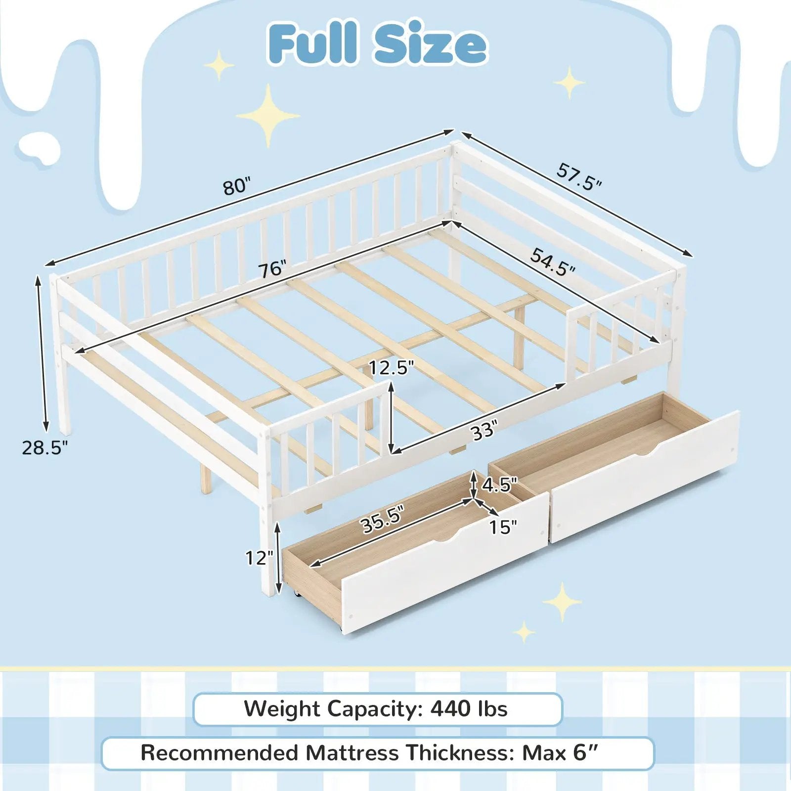 Full Size Daybed with Fence and 2 Drawers for Boys and Girls by DirectDeals