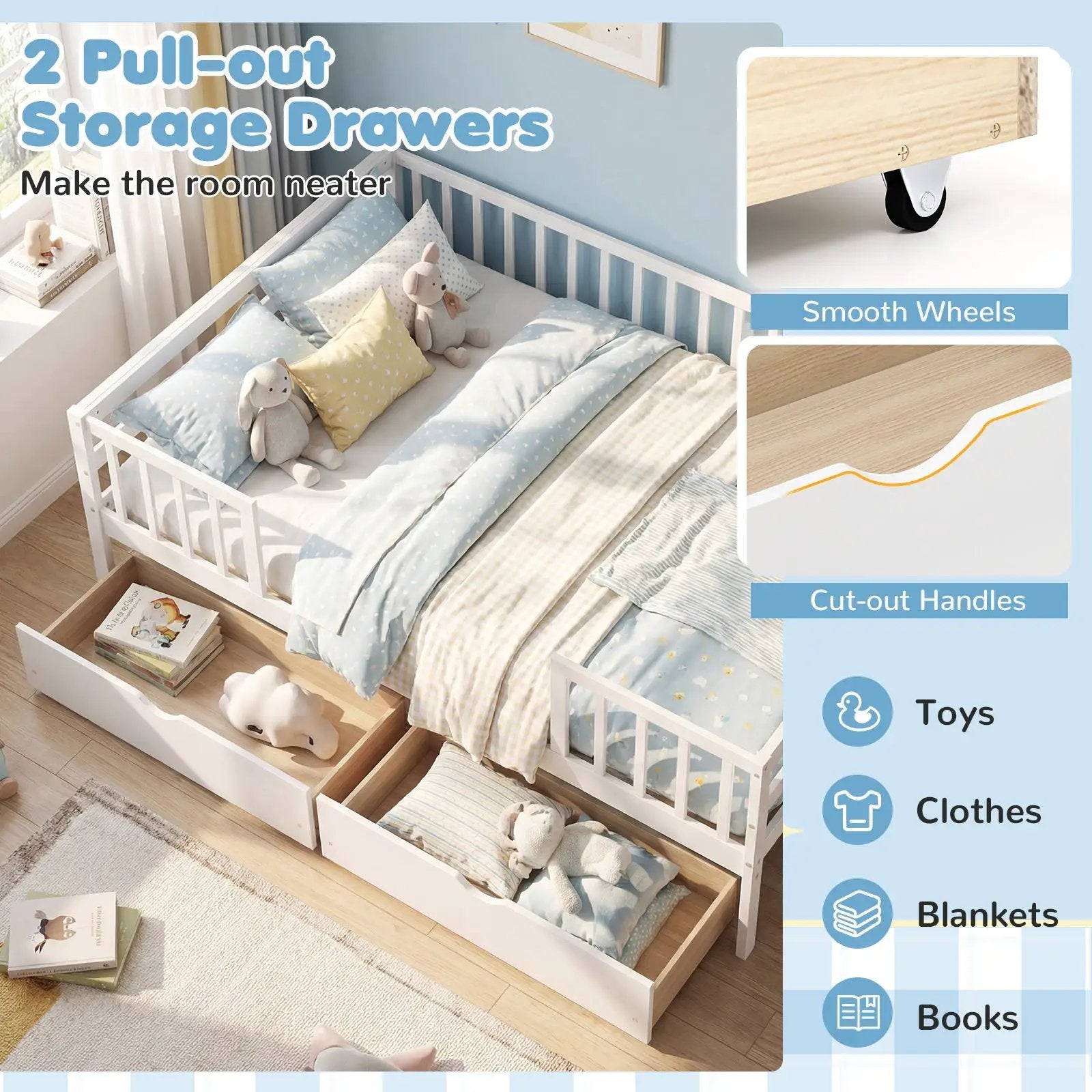 Full Size Daybed with Fence and 2 Drawers for Boys and Girls by DirectDeals