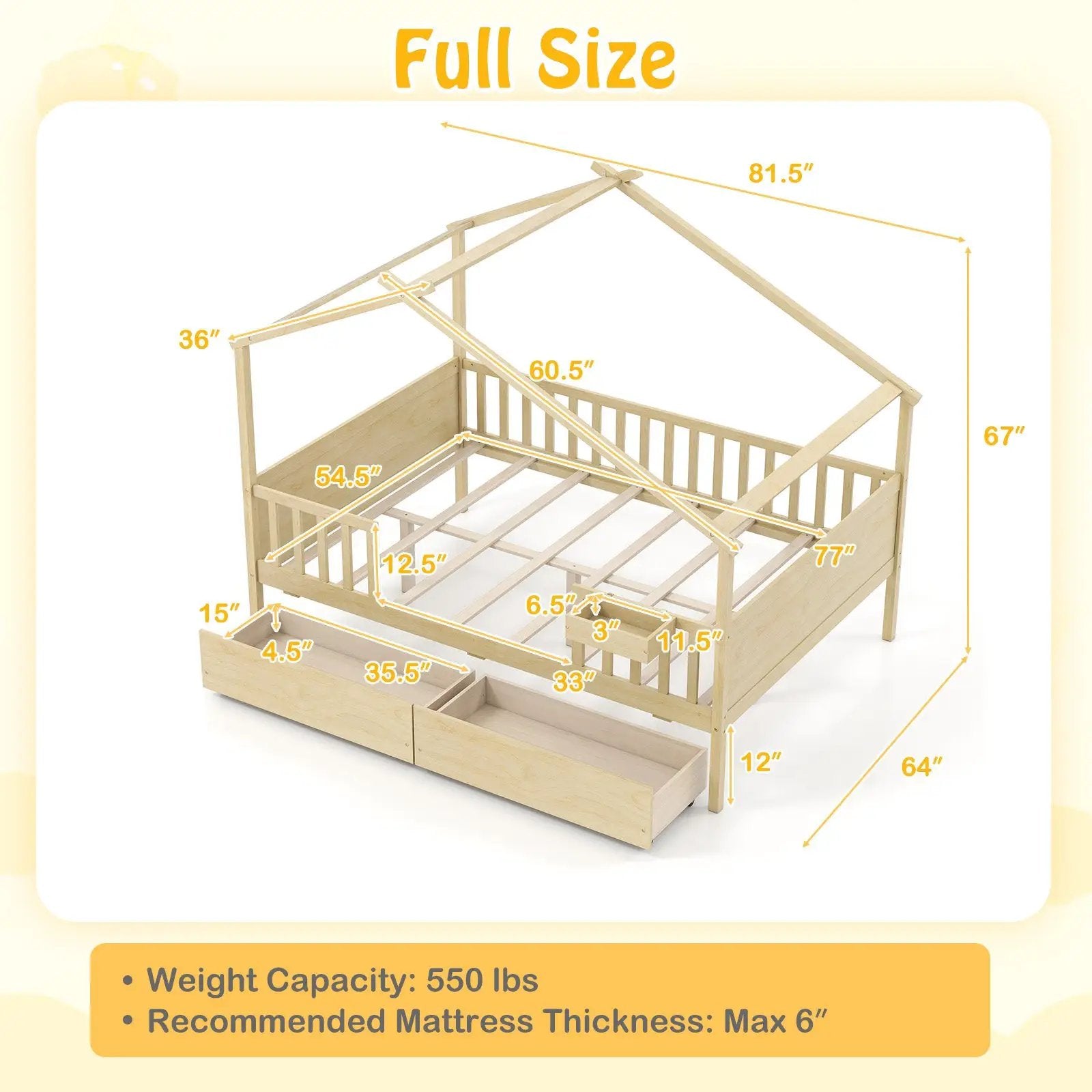 Full Size House Bed with Roof and Fence Rails for Kid by DirectDeals