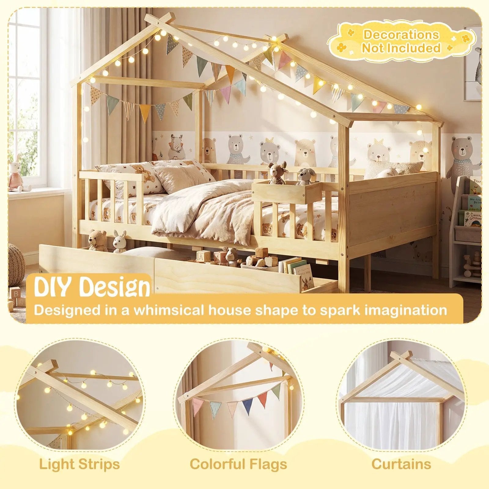 Full Size House Bed with Roof and Fence Rails for Kid by DirectDeals