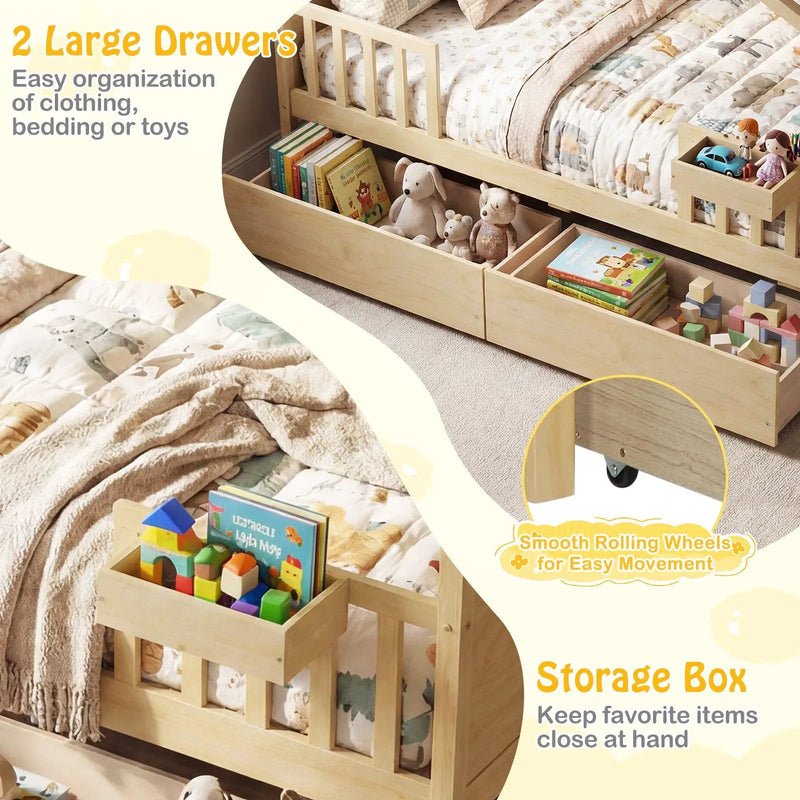 Full Size House Bed with Roof and Fence Rails for Kid by DirectDeals