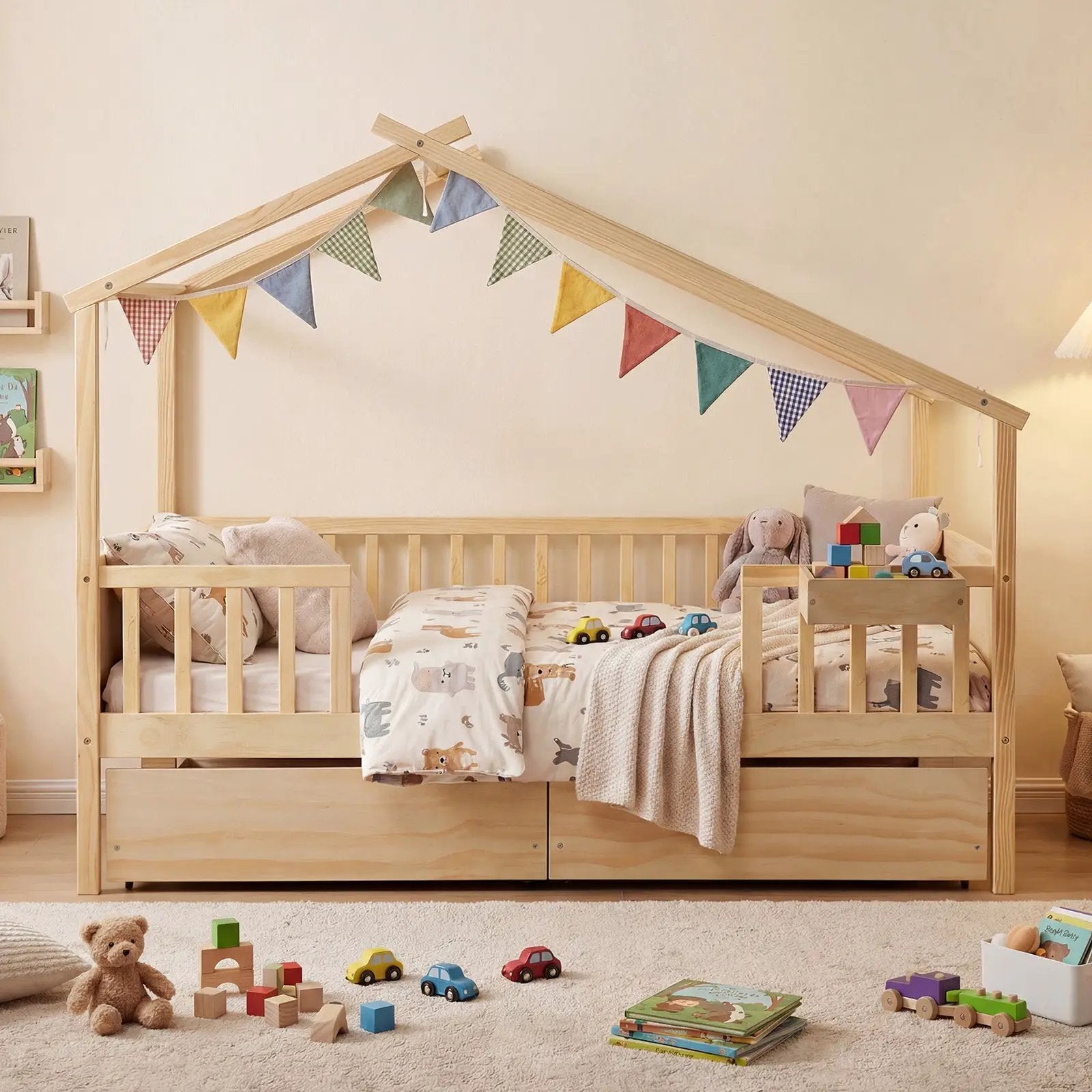 Full Size House Bed with Roof and Fence Rails for Kid by DirectDeals
