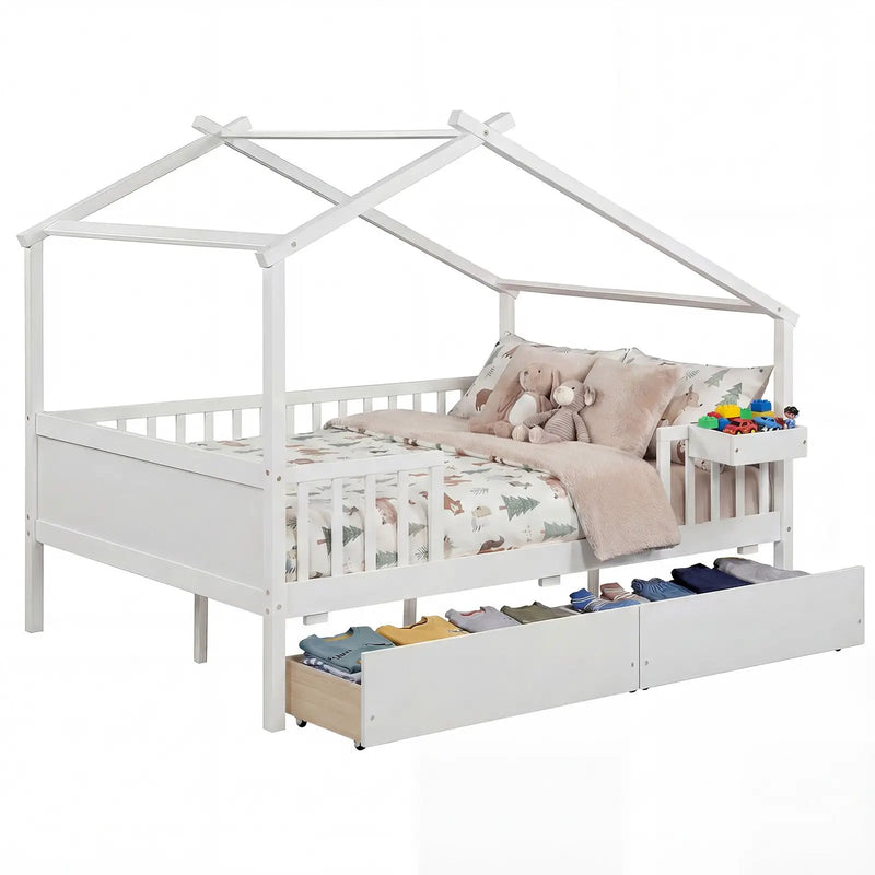 Full Size House Bed with Roof and Fence Rails for Kid by DirectDeals