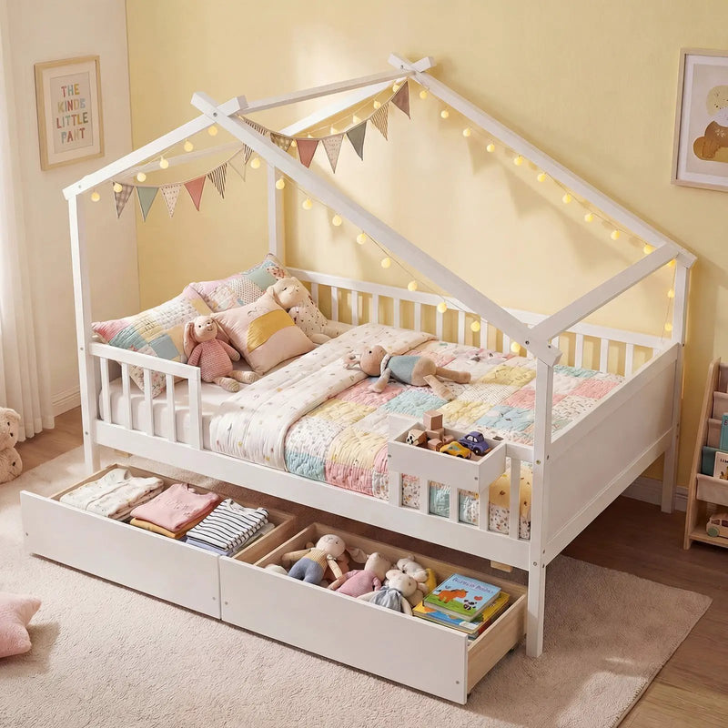Full Size House Bed with Roof and Fence Rails for Kid by DirectDeals