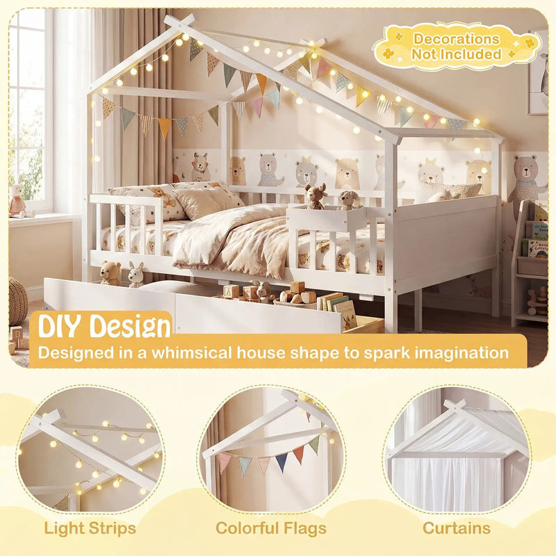 Full Size House Bed with Roof and Fence Rails for Kid by DirectDeals