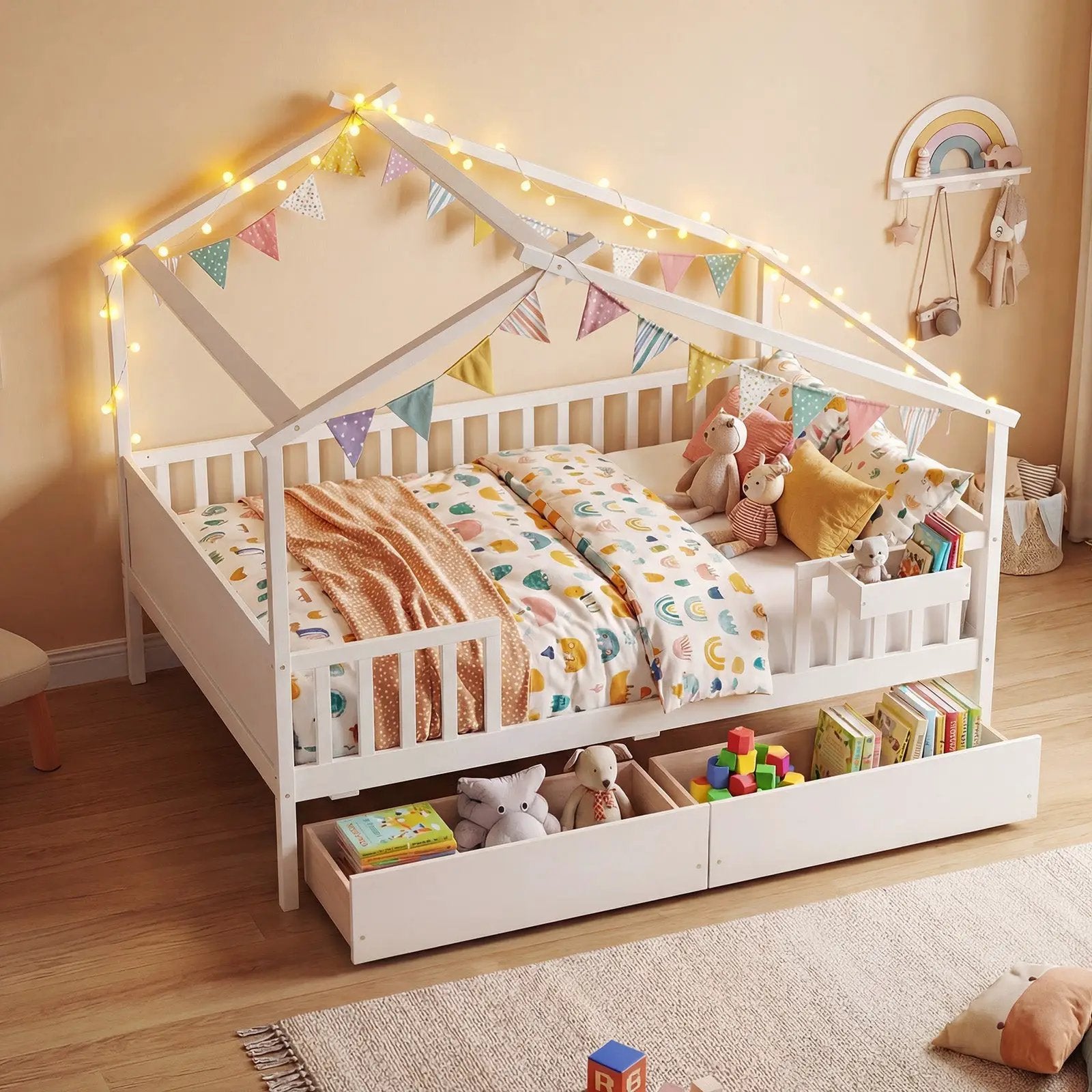 Full Size House Bed with Roof and Fence Rails for Kid by DirectDeals