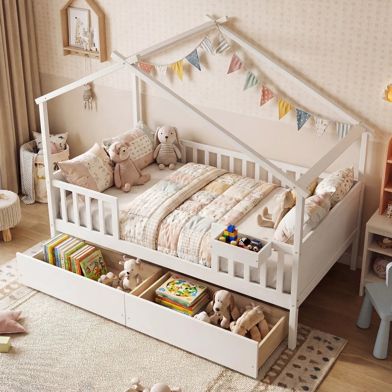 Full Size House Bed with Roof and Fence Rails for Kid by DirectDeals