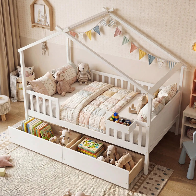 Full Size House Bed with Roof and Fence Rails for Kid by DirectDeals