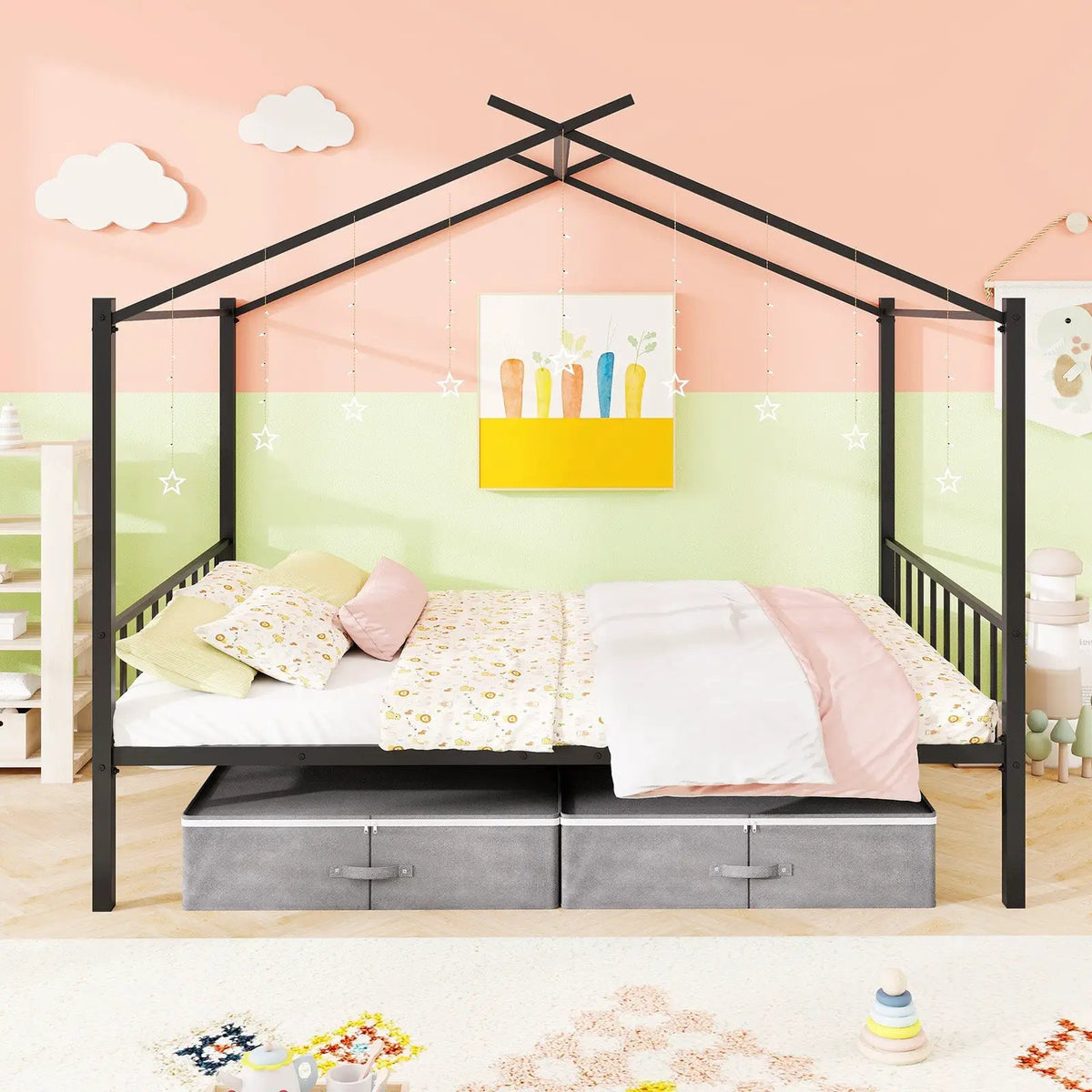 Full Size Metal House Bed with 2 Fabric Drawers for Kids by DirectDeals