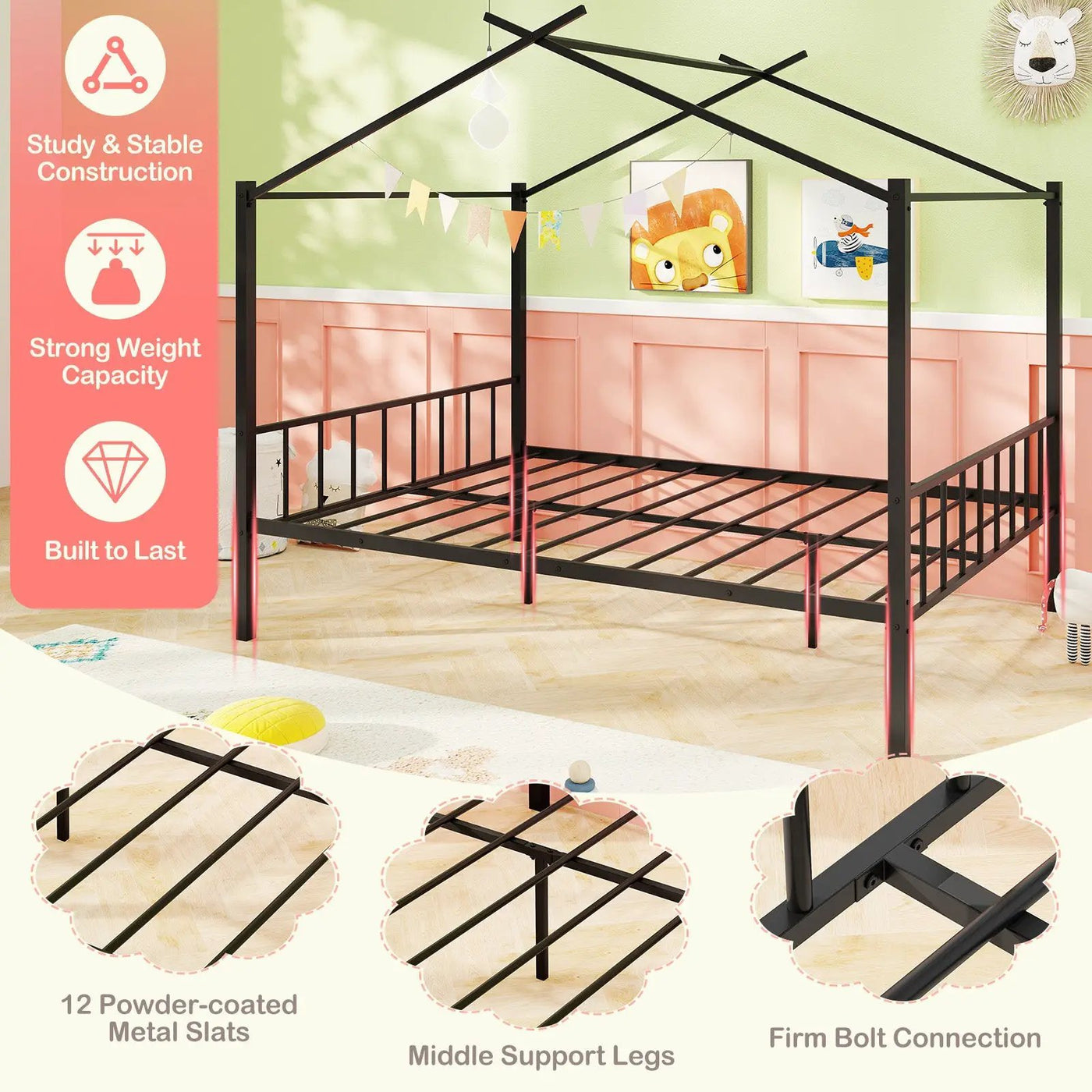 Full Size Metal House Bed with 2 Fabric Drawers for Kids by DirectDeals