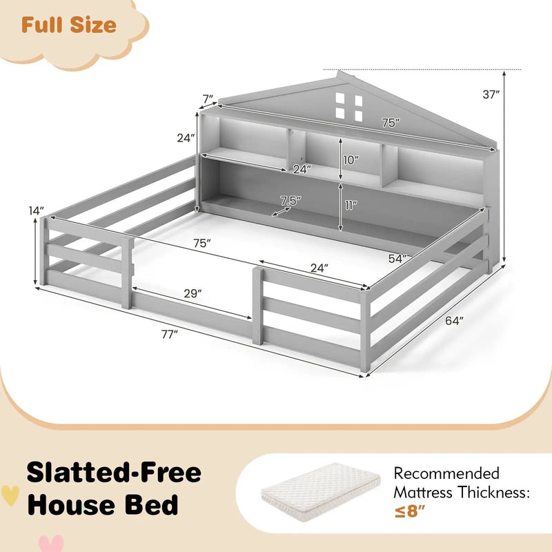 Full Size Montessori Floor Bed with Storage Compartments and Shelf by DirectDeals