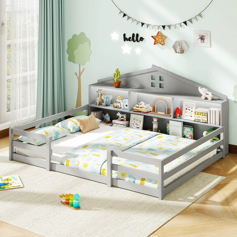 Full Size Montessori Floor Bed with Storage Compartments and Shelf by DirectDeals