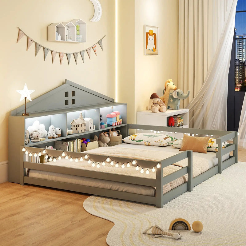 Full Size Montessori Floor Bed with Storage Compartments and Shelf by DirectDeals