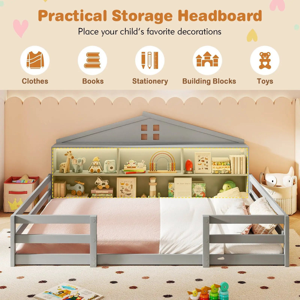 Full Size Montessori Floor Bed with Storage Compartments and Shelf by DirectDeals