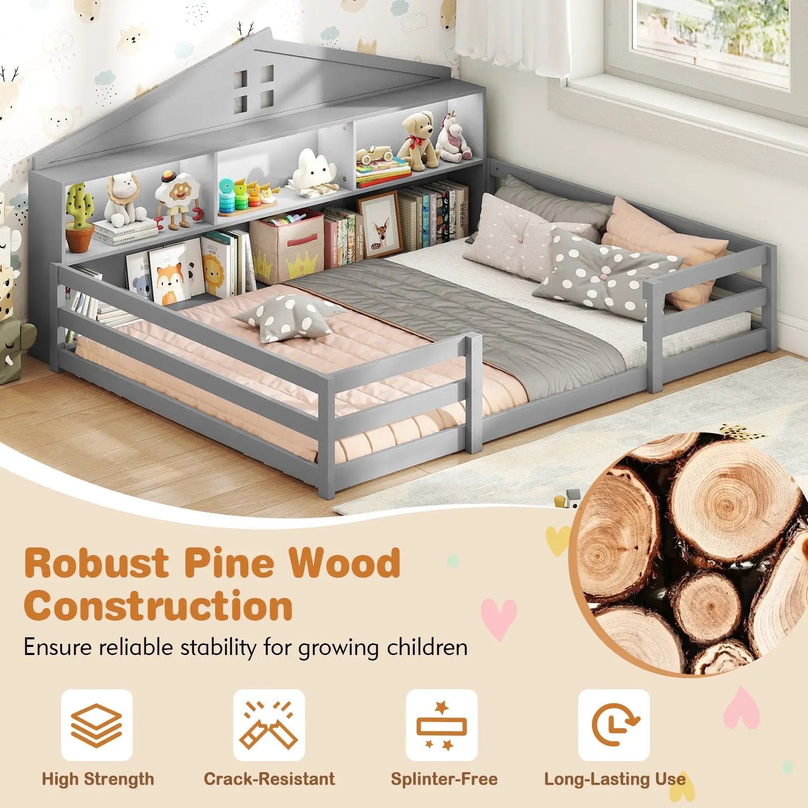 Full Size Montessori Floor Bed with Storage Compartments and Shelf by DirectDeals