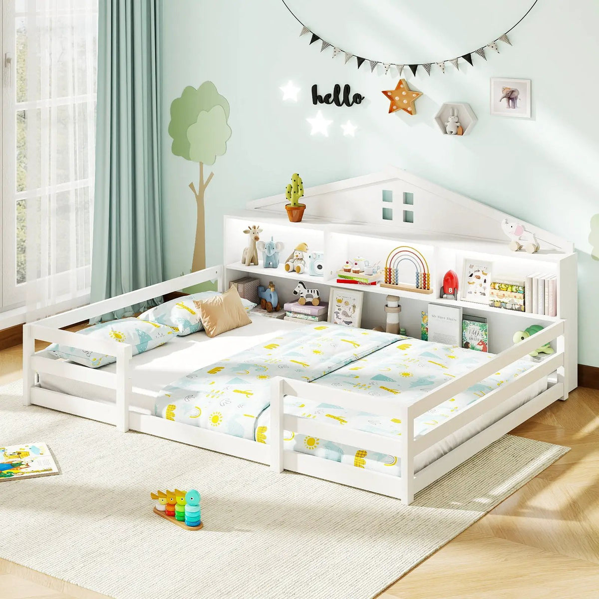 Full Size Montessori Floor Bed with Storage Compartments and Shelf by DirectDeals