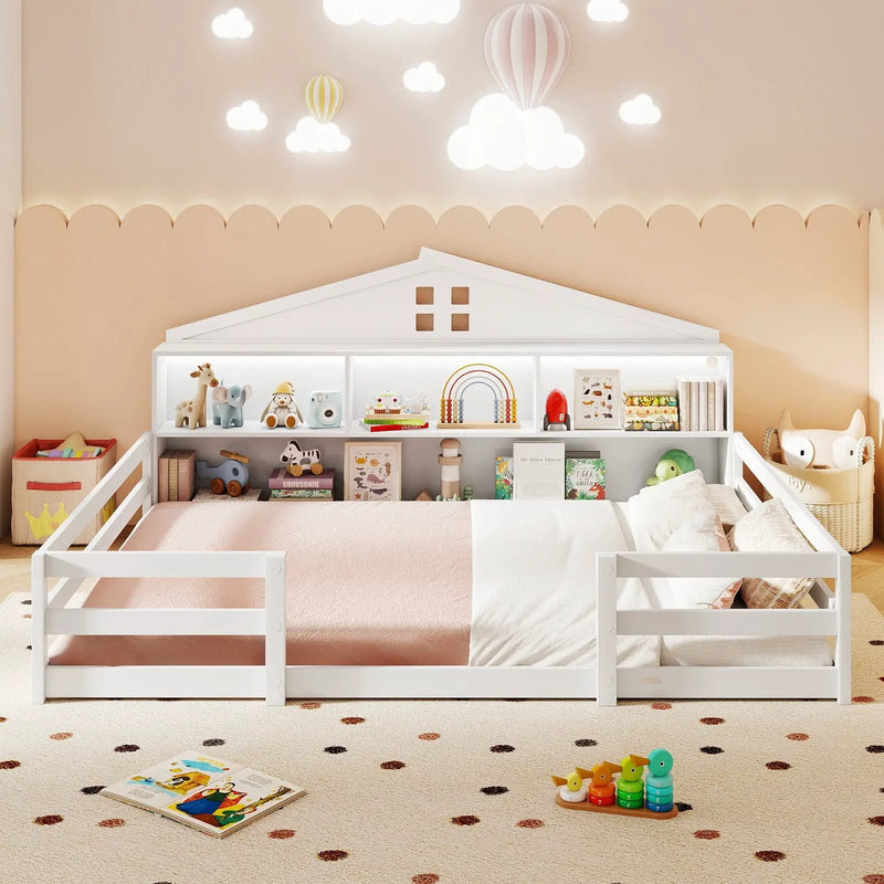 Full Size Montessori Floor Bed with Storage Compartments and Shelf by DirectDeals