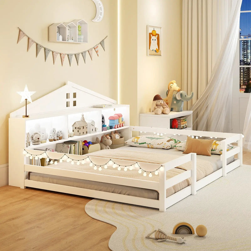 Full Size Montessori Floor Bed with Storage Compartments and Shelf by DirectDeals