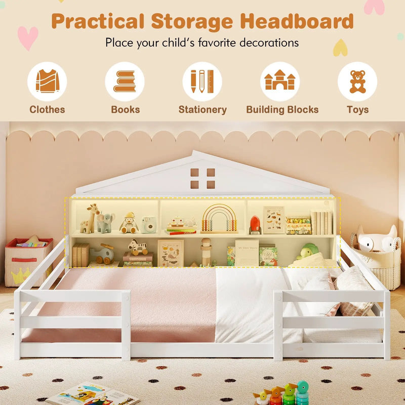 Full Size Montessori Floor Bed with Storage Compartments and Shelf by DirectDeals