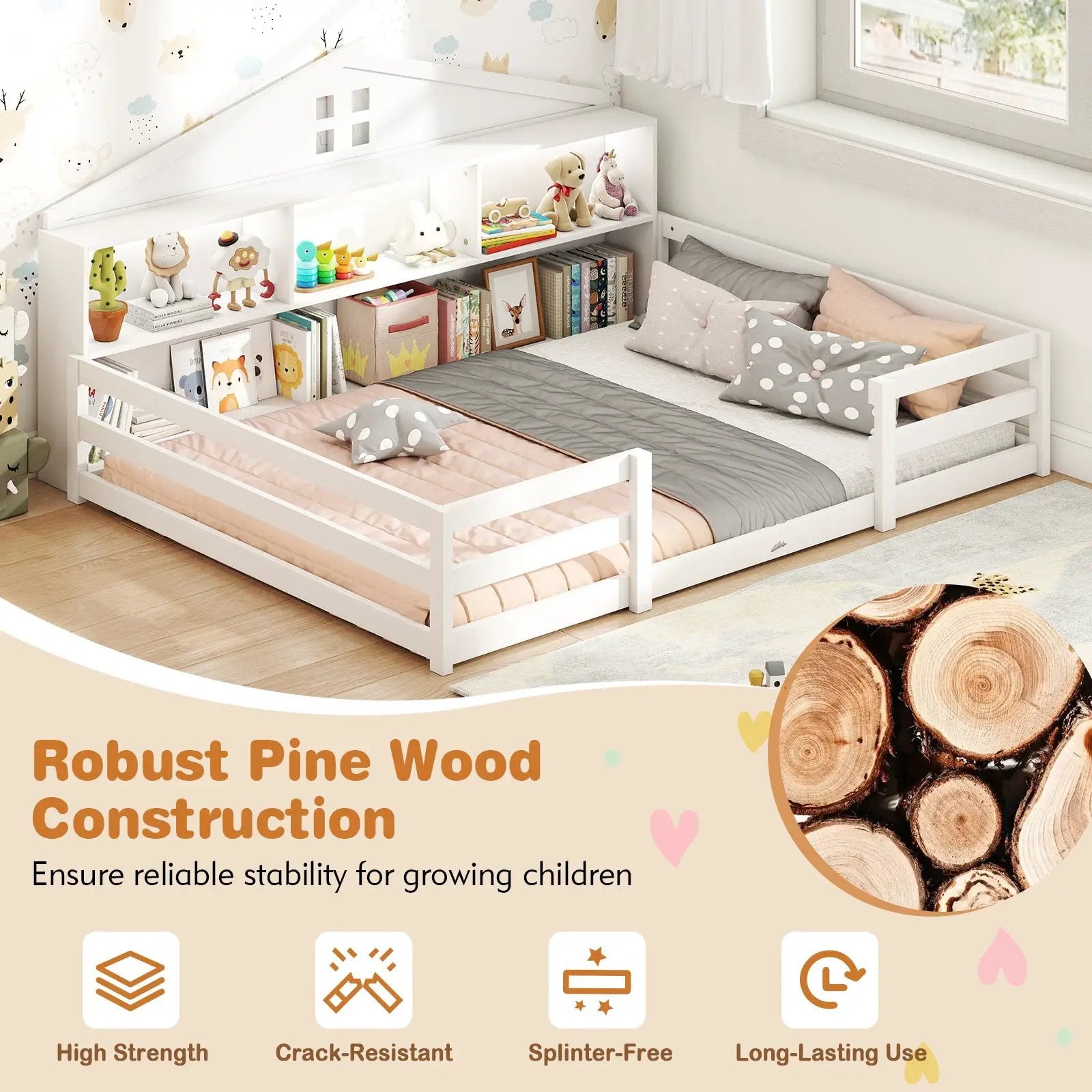 Full Size Montessori Floor Bed with Storage Compartments and Shelf by DirectDeals