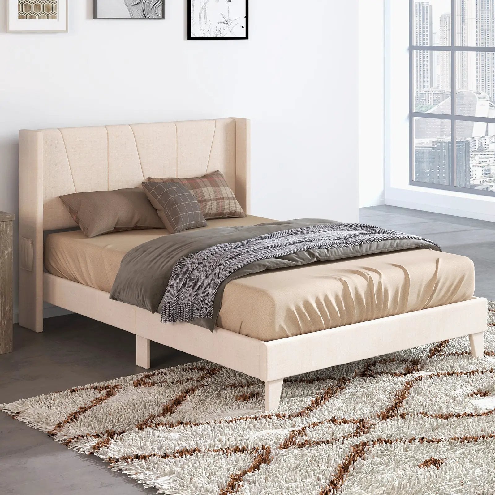 Full/Queen Size Upholstered Bed Frame with Geometric Wingback Headboard by DirectDeals