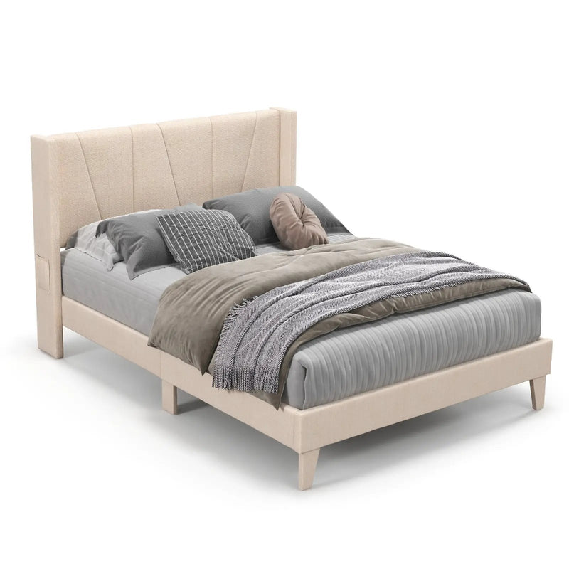 Full/Queen Size Upholstered Bed Frame with Geometric Wingback Headboard by DirectDeals
