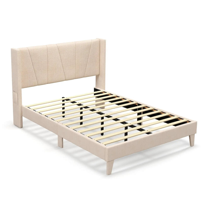 Full/Queen Size Upholstered Bed Frame with Geometric Wingback Headboard by DirectDeals