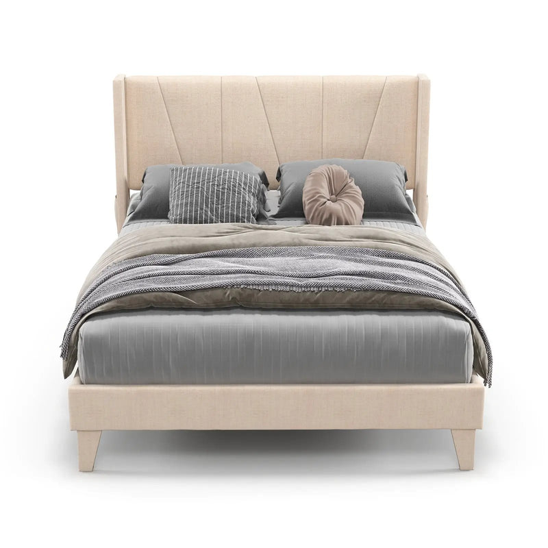 Full/Queen Size Upholstered Bed Frame with Geometric Wingback Headboard by DirectDeals
