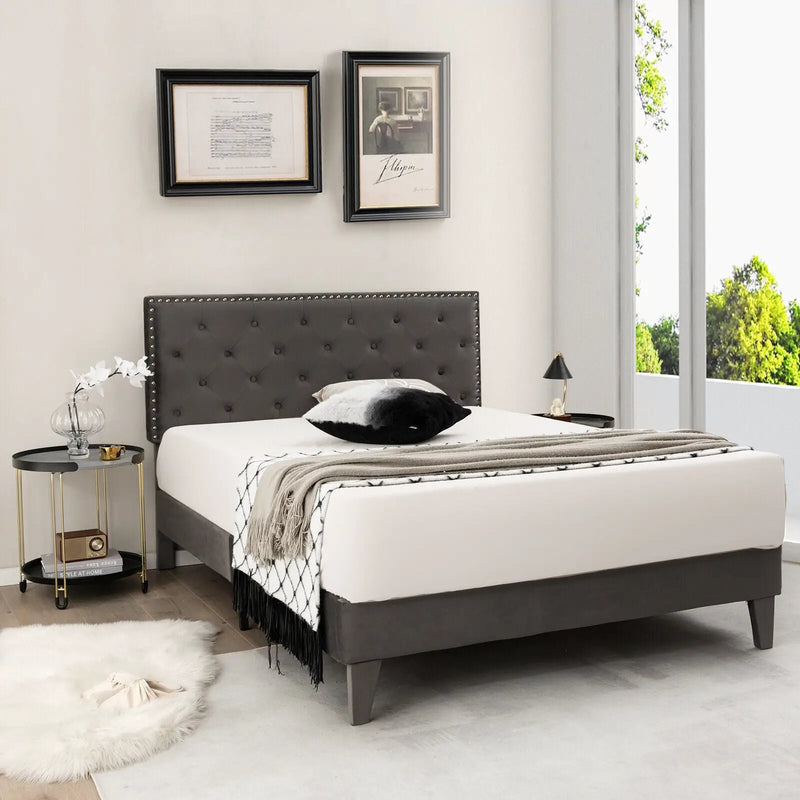 Full/Queen Size Upholstered Platform Bed with Tufted Headboard by DirectDeals