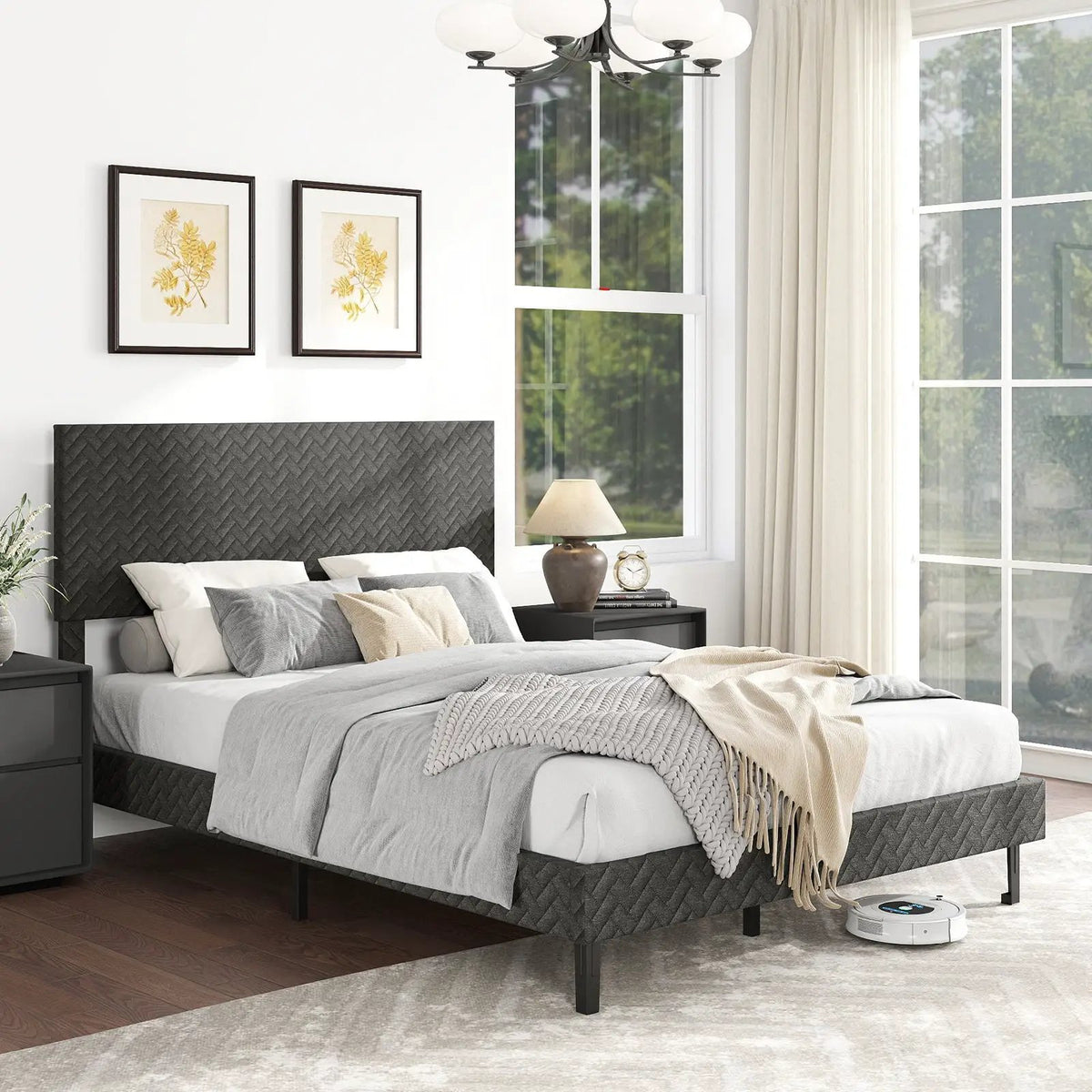 Twin/Full/Queen Size Velvet Bed Frame Upholstered Platform Bed with Chevron Headboard Gray by DirectDeals