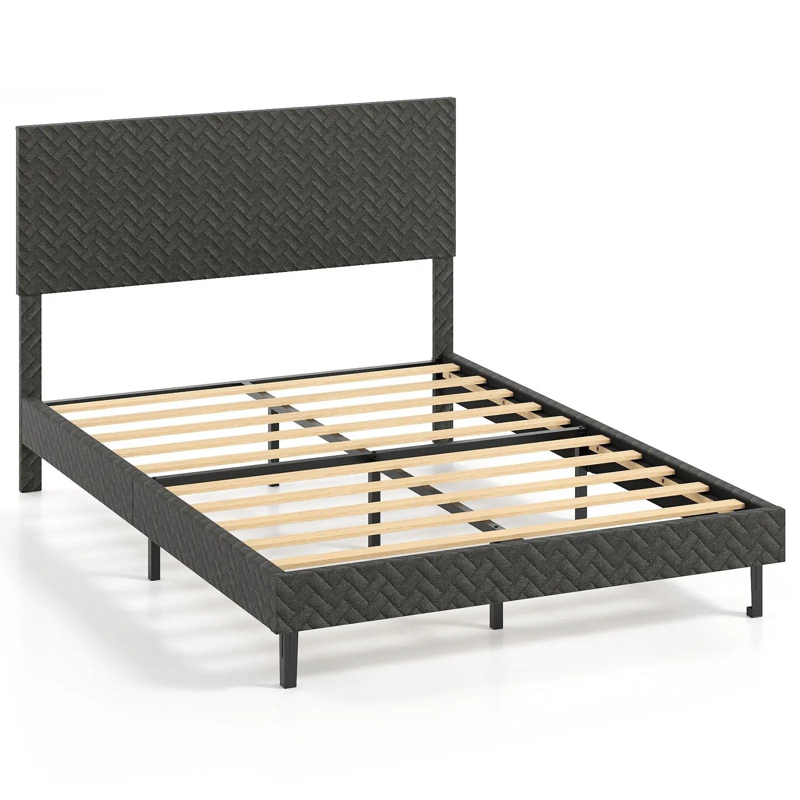 Twin/Full/Queen Size Velvet Bed Frame Upholstered Platform Bed with Chevron Headboard Gray by DirectDeals