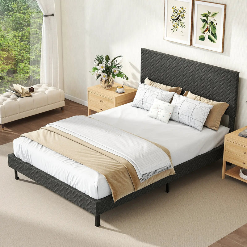 Twin/Full/Queen Size Velvet Bed Frame Upholstered Platform Bed with Chevron Headboard Gray by DirectDeals