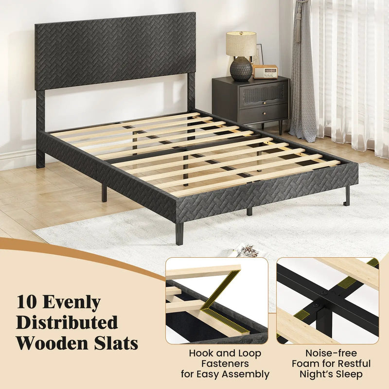 Twin/Full/Queen Size Velvet Bed Frame Upholstered Platform Bed with Chevron Headboard Gray by DirectDeals