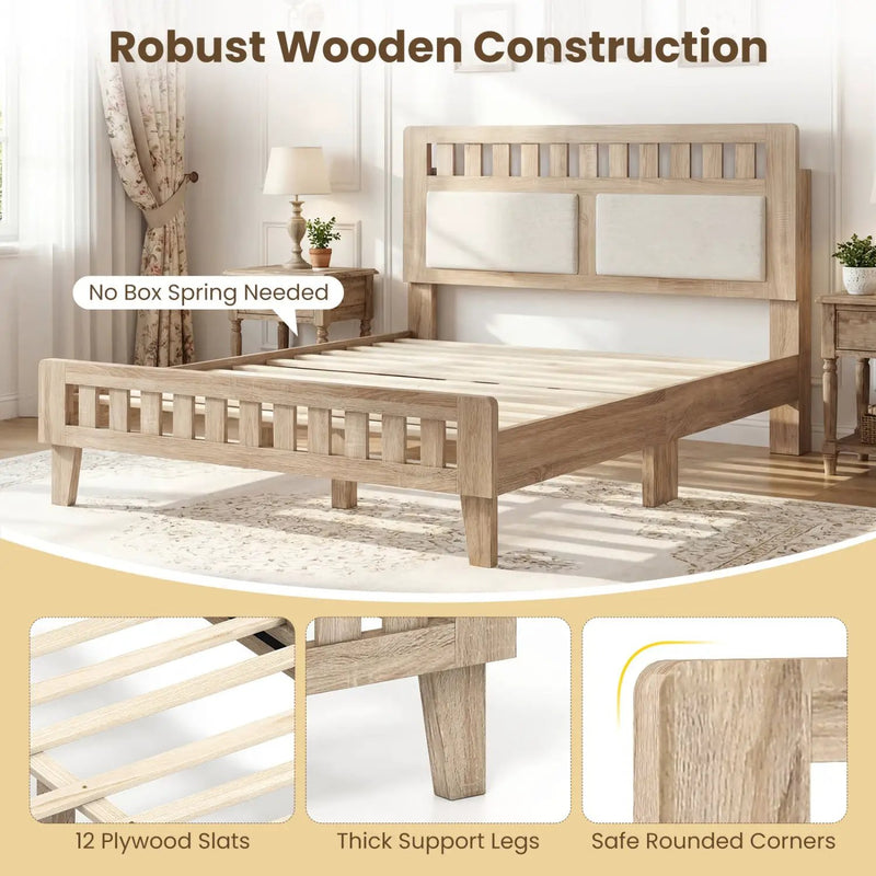 Twin Size Wood Bed Frame with Upholstered Headboard Mid Century Style by DirectDeals