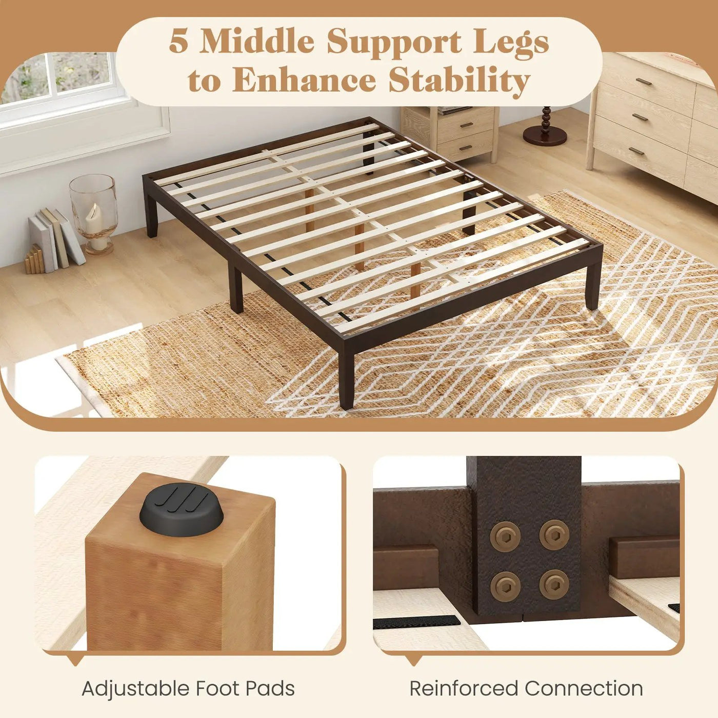 Full Size Wood Bed Frame with Wooden Slats Support and Rubber Wood Legs by DirectDeals