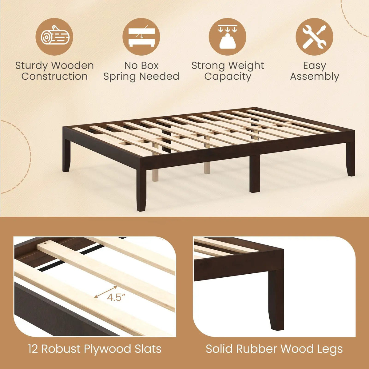 Full Size Wood Bed Frame with Wooden Slats Support and Rubber Wood Legs by DirectDeals