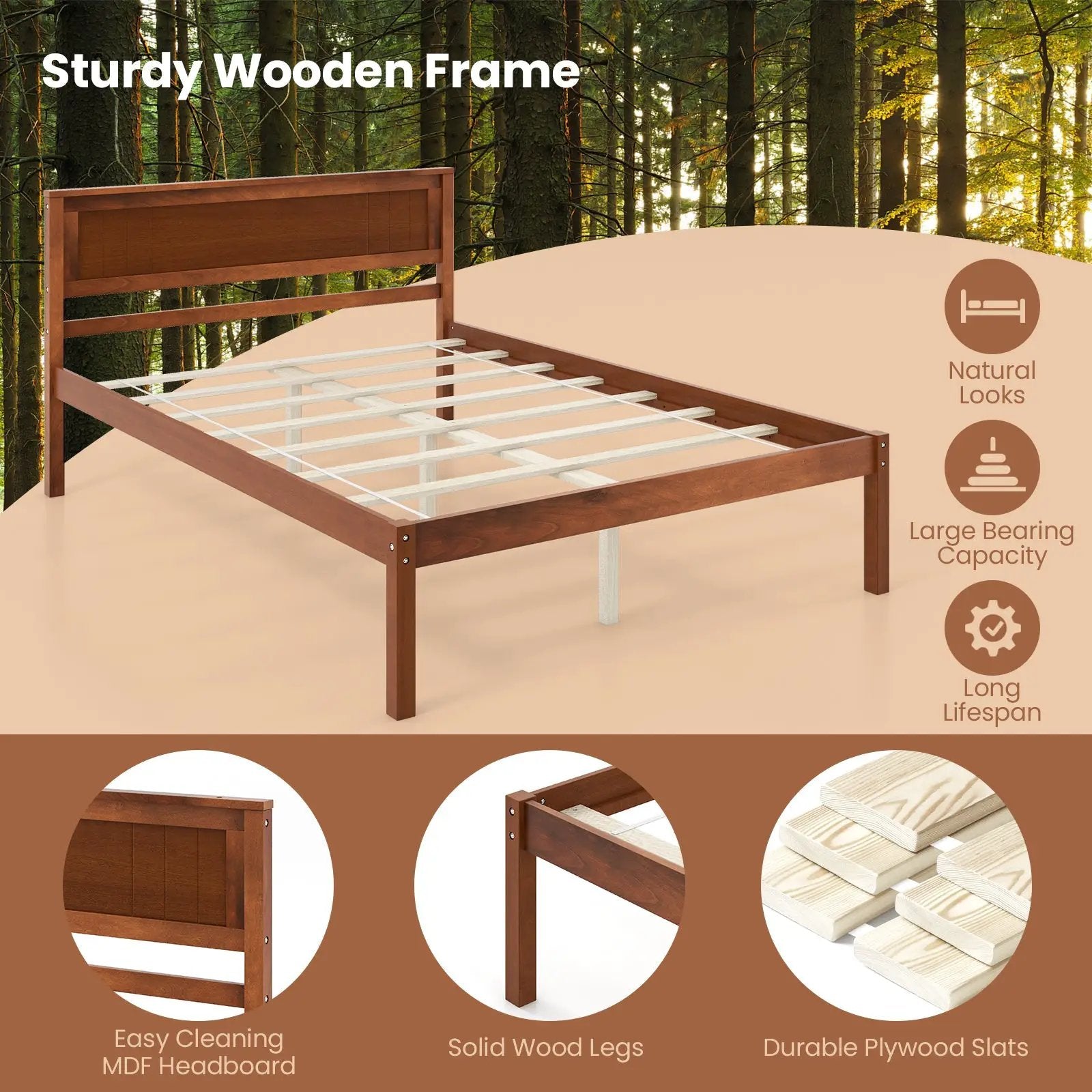 Twin/Full/Queen Size Bed Frame with Wooden Headboard and Slat Support by DirectDeals