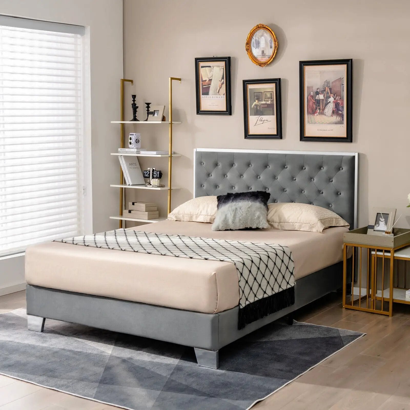 Full/Queen Size Upholstered Bed Frame with Velvet Headboard by DirectDeals