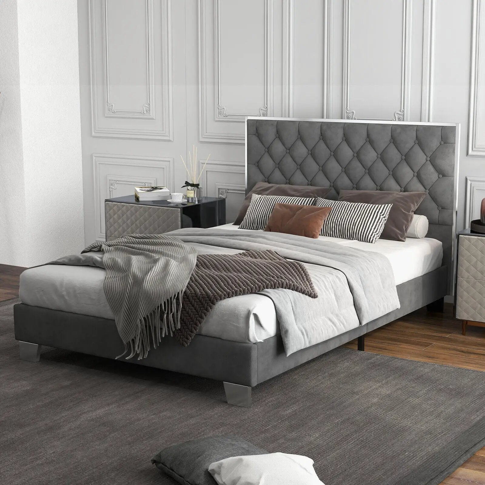 Full/Queen Size Upholstered Bed Frame with Velvet Headboard by DirectDeals