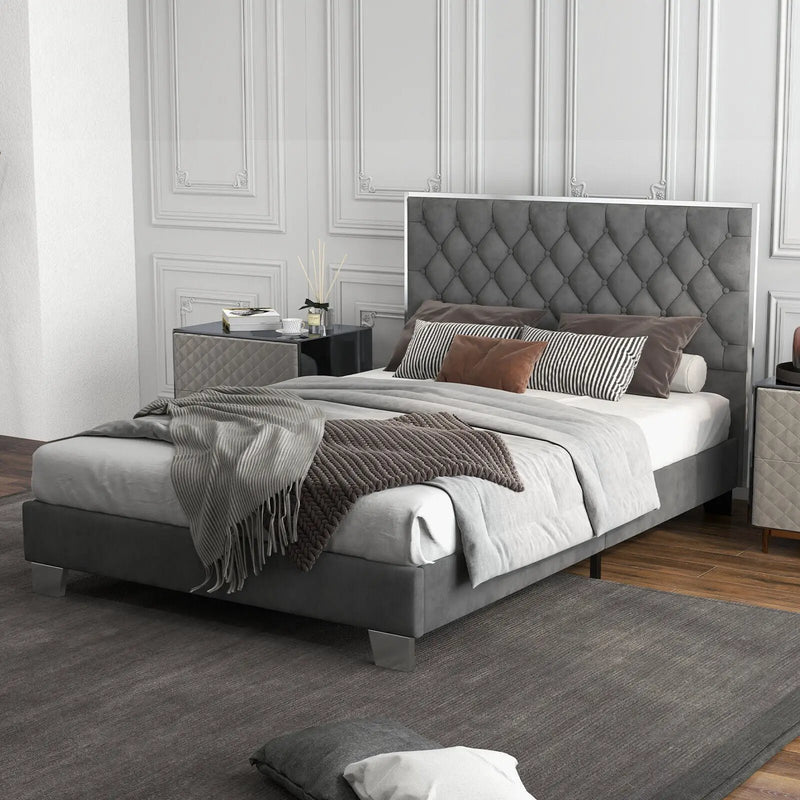 Full/Queen Size Upholstered Bed Frame with Velvet Headboard by DirectDeals