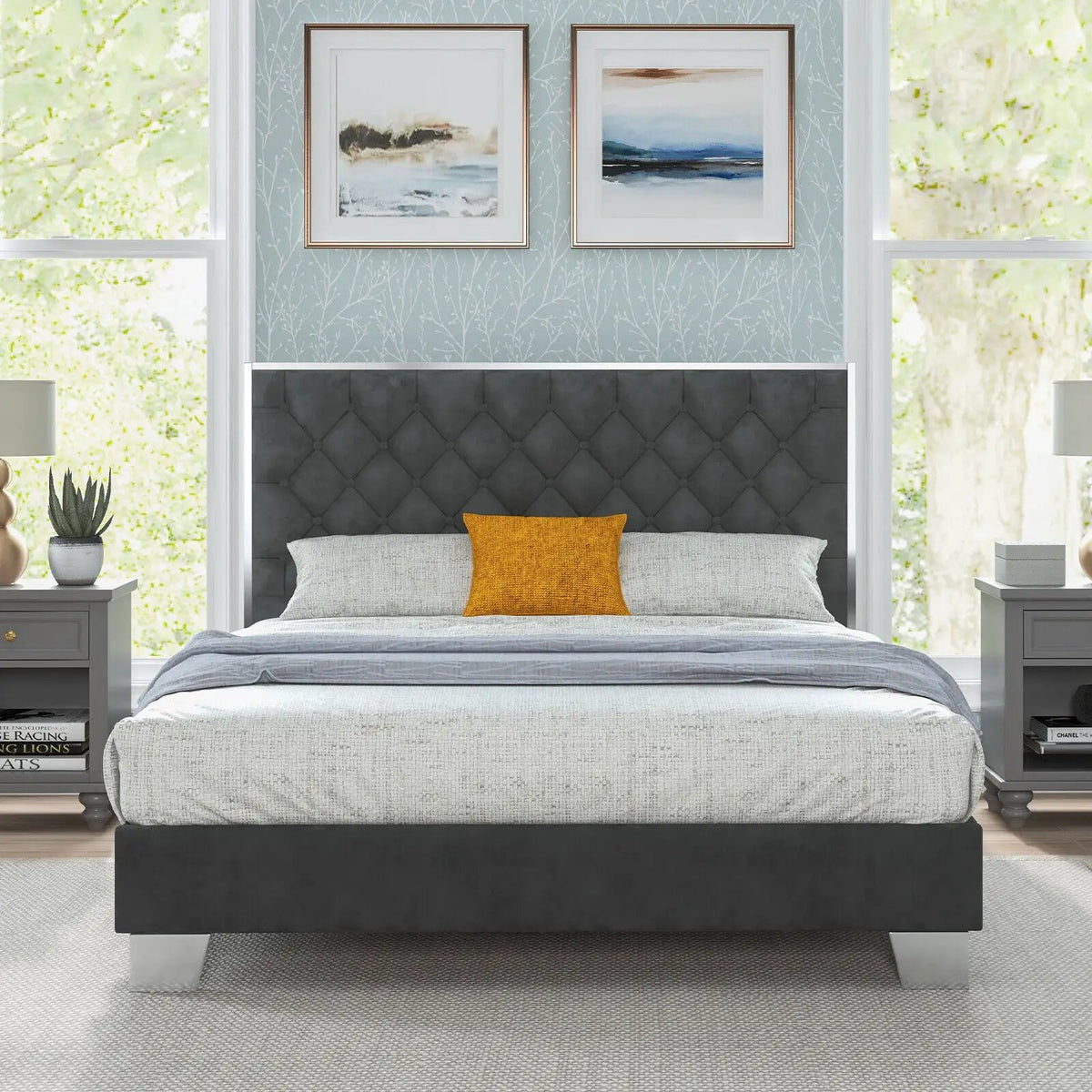 Full/Queen Size Upholstered Bed Frame with Velvet Headboard by DirectDeals