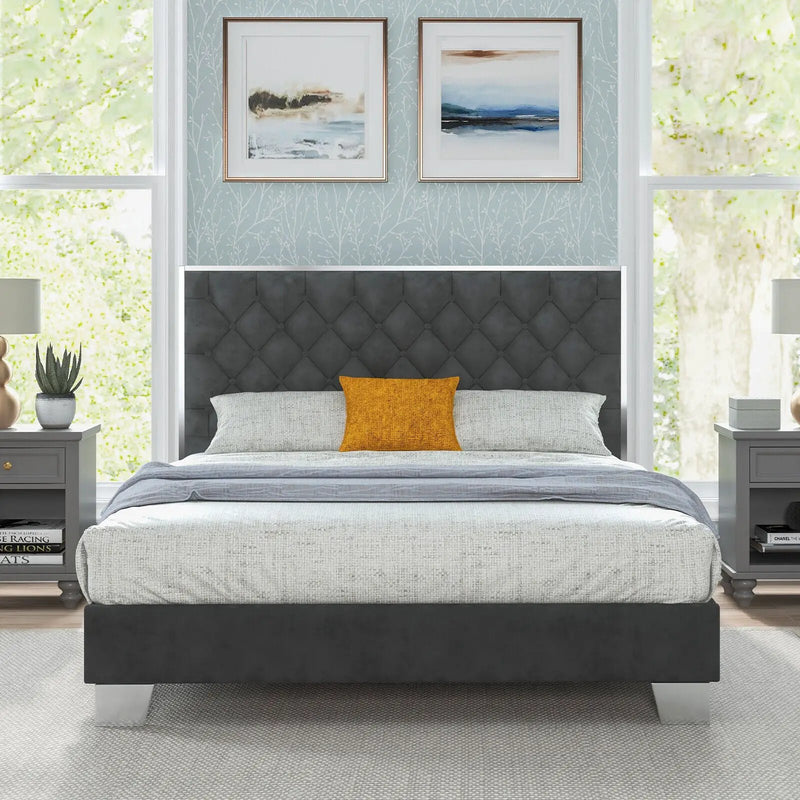 Full/Queen Size Upholstered Bed Frame with Velvet Headboard by DirectDeals