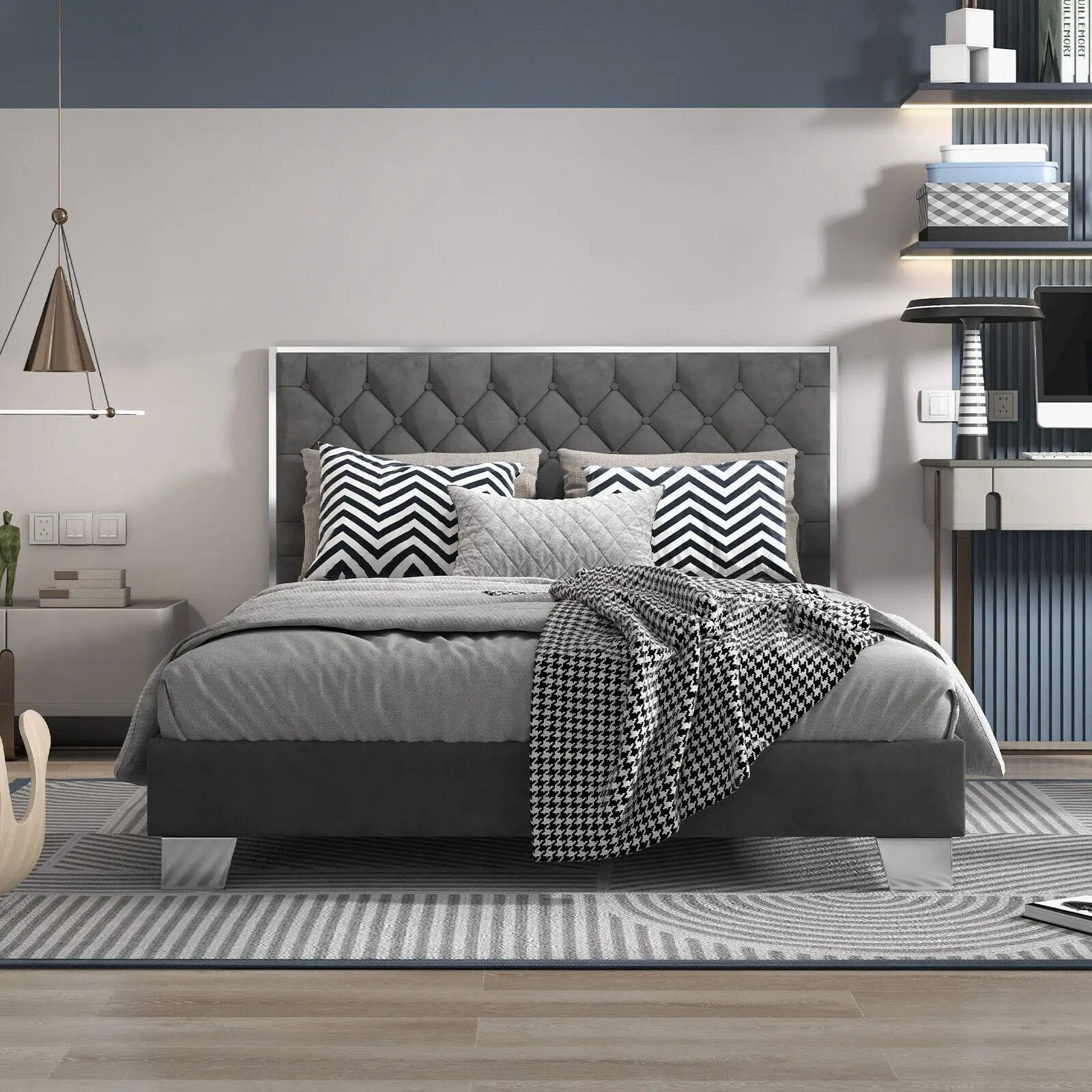 Full/Queen Size Upholstered Bed Frame with Velvet Headboard by DirectDeals