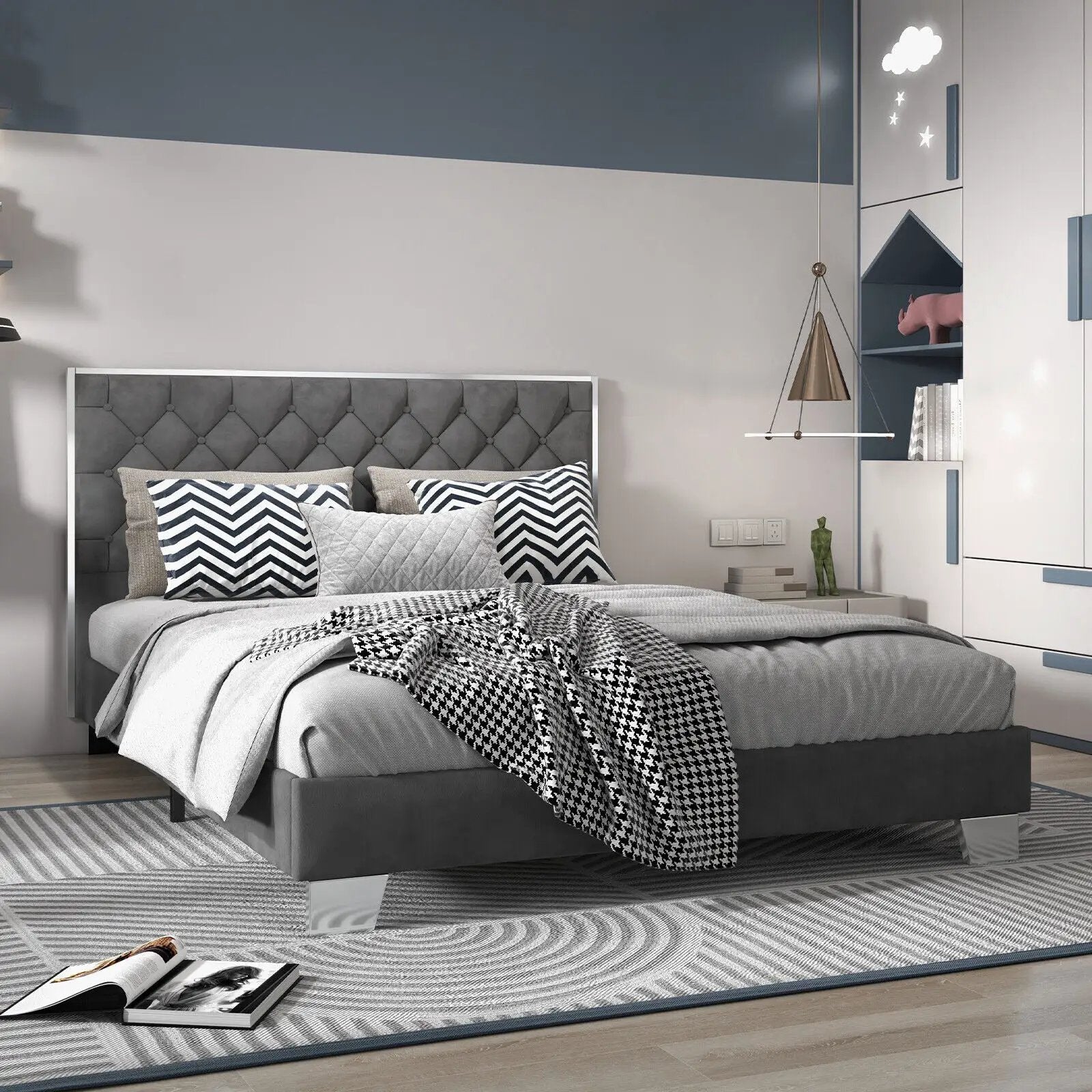 Full/Queen Size Upholstered Bed Frame with Velvet Headboard by DirectDeals