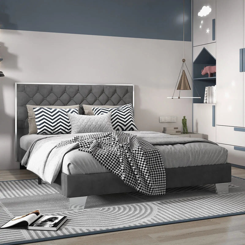 Full/Queen Size Upholstered Bed Frame with Velvet Headboard by DirectDeals