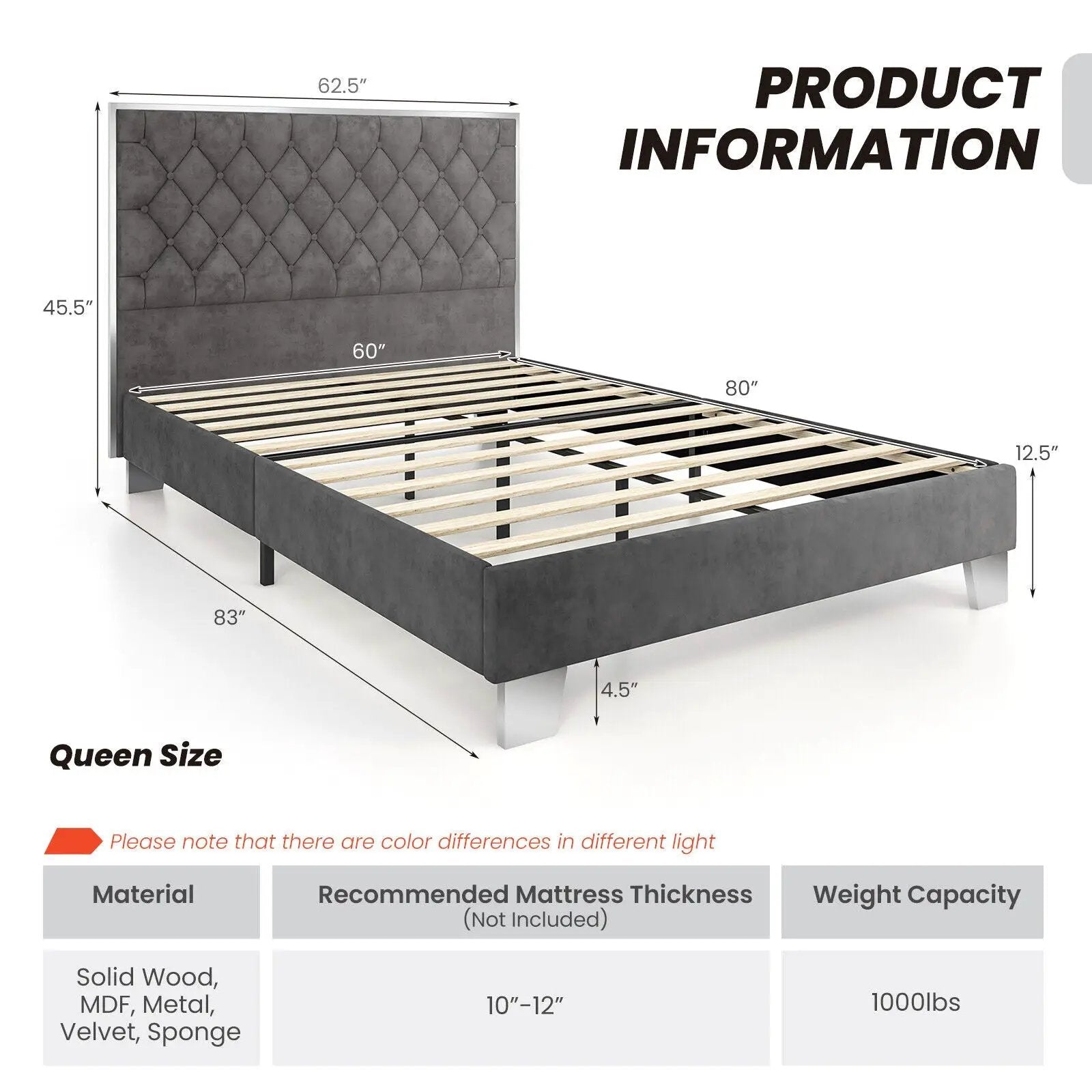 Full/Queen Size Upholstered Bed Frame with Velvet Headboard by DirectDeals