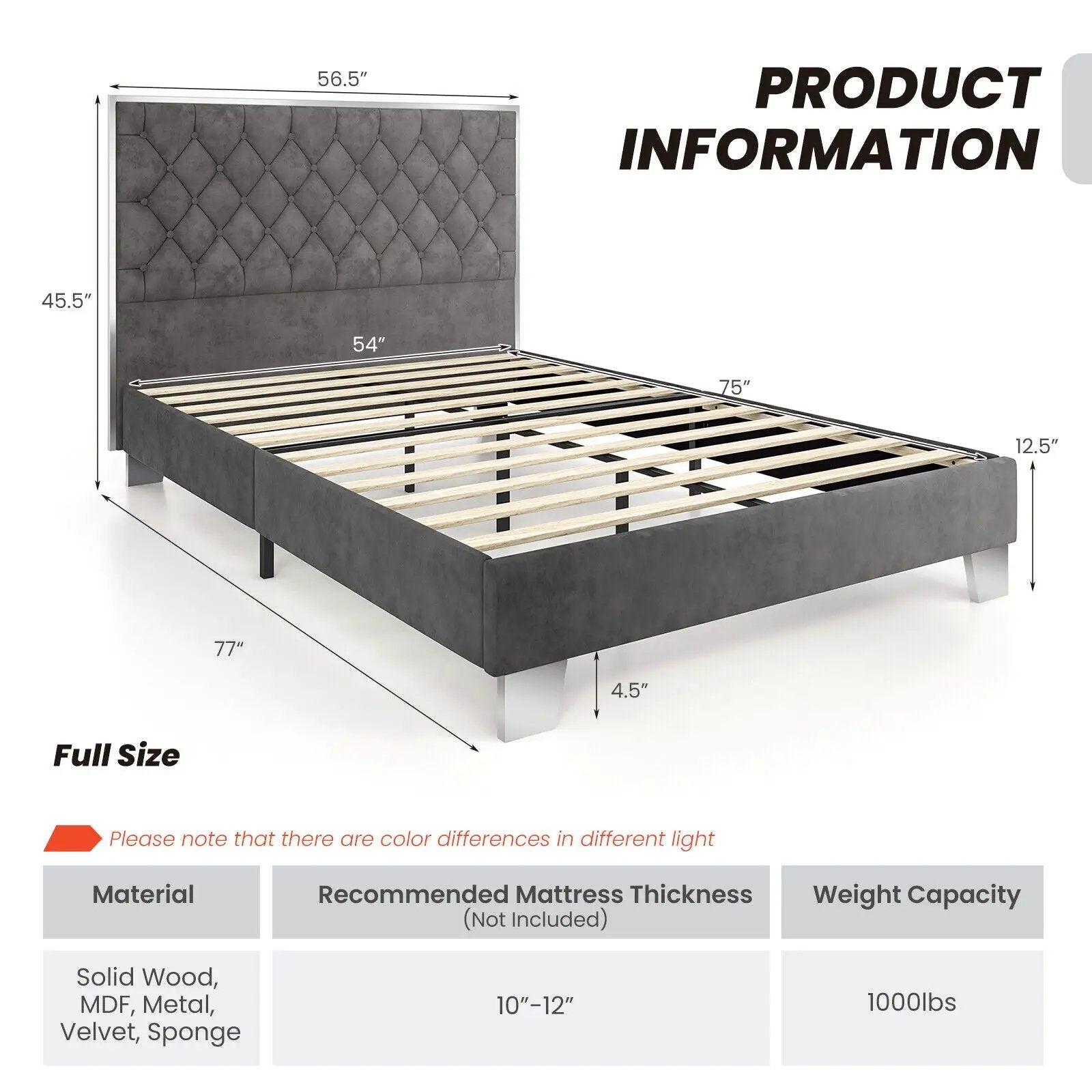 Full/Queen Size Upholstered Bed Frame with Velvet Headboard by DirectDeals