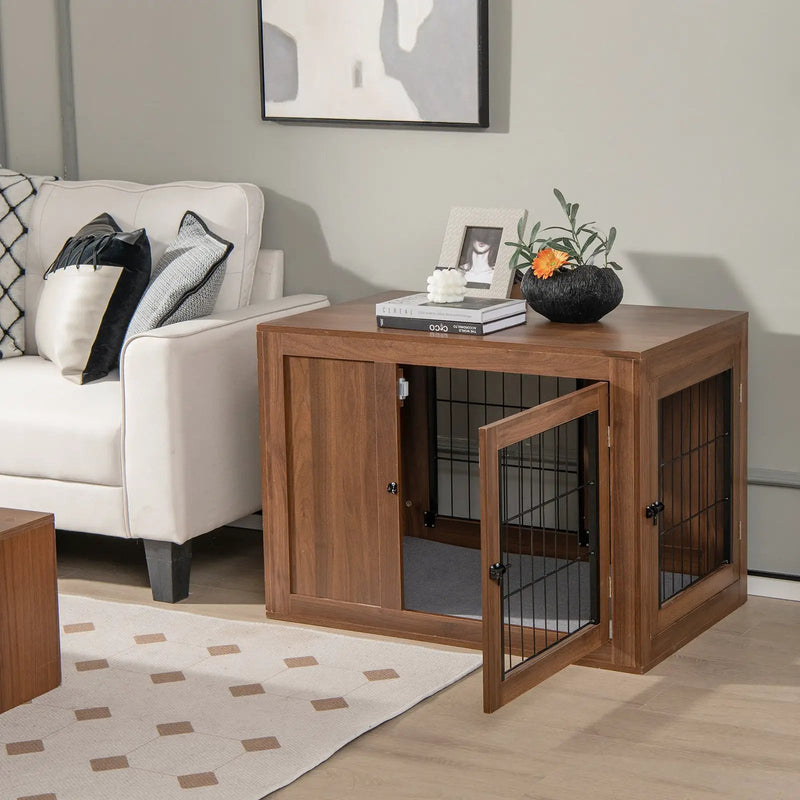 Furniture Dog Crate with Cushion and Double Doors-Walnut by DirectDeals